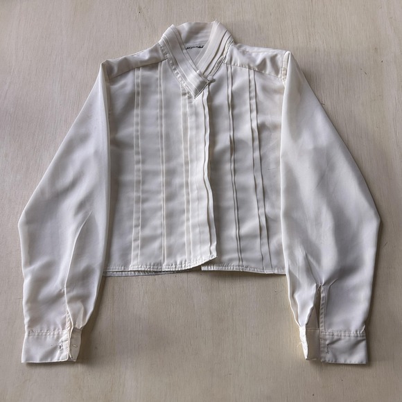 American Vintage Tops - Vintage Blouse Womens Medium White V Neck Long Sleeve Cropped Satin Pleated Top